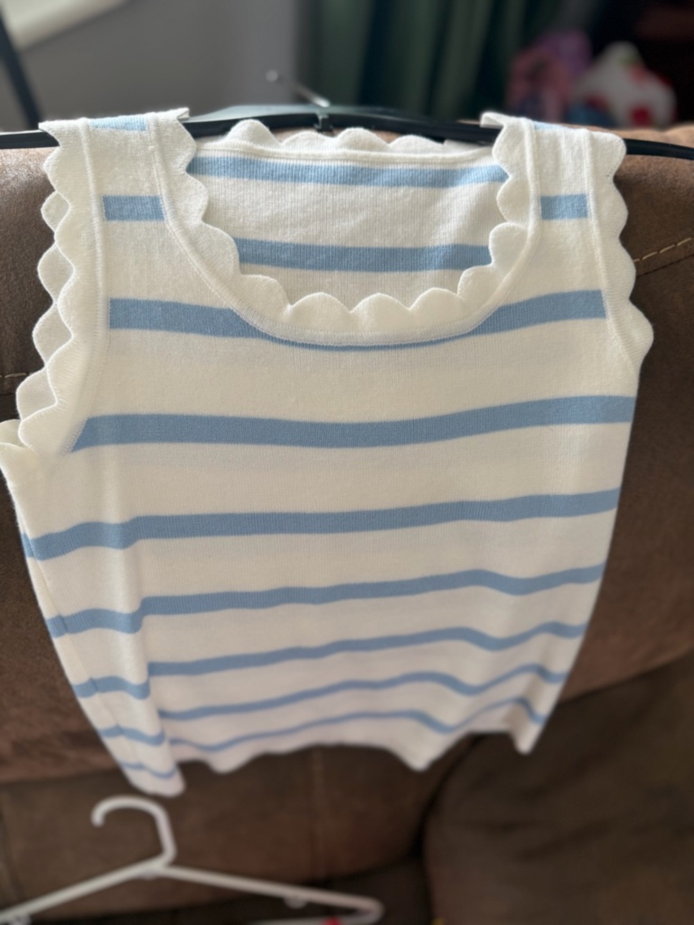 Scalloped Edge Sleeveless Knit Top — White with Light Blue Stripes